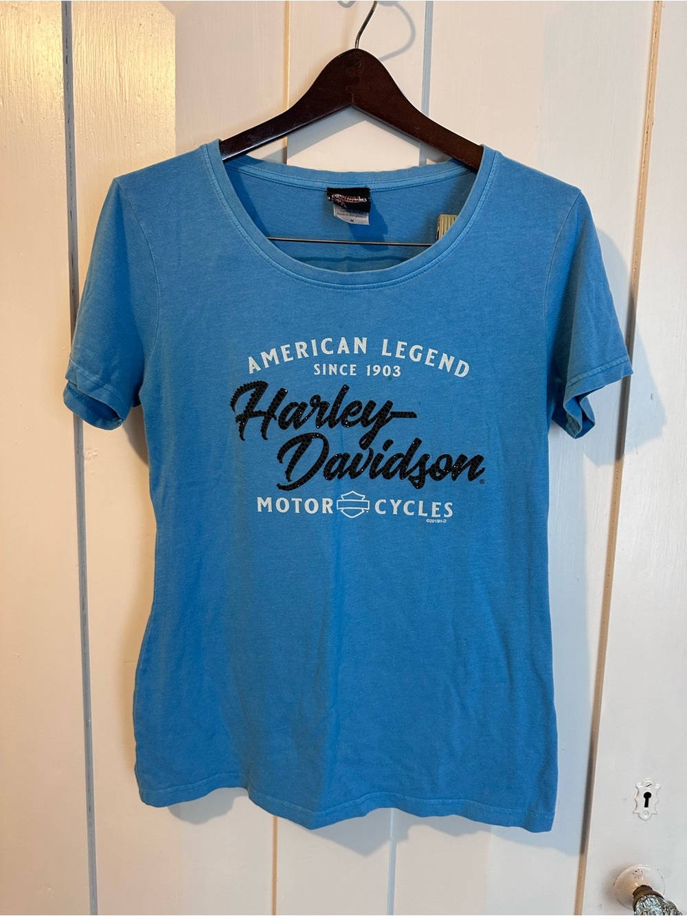 Harley-Davidson Blue Graphic Tee with Black Stud Accent